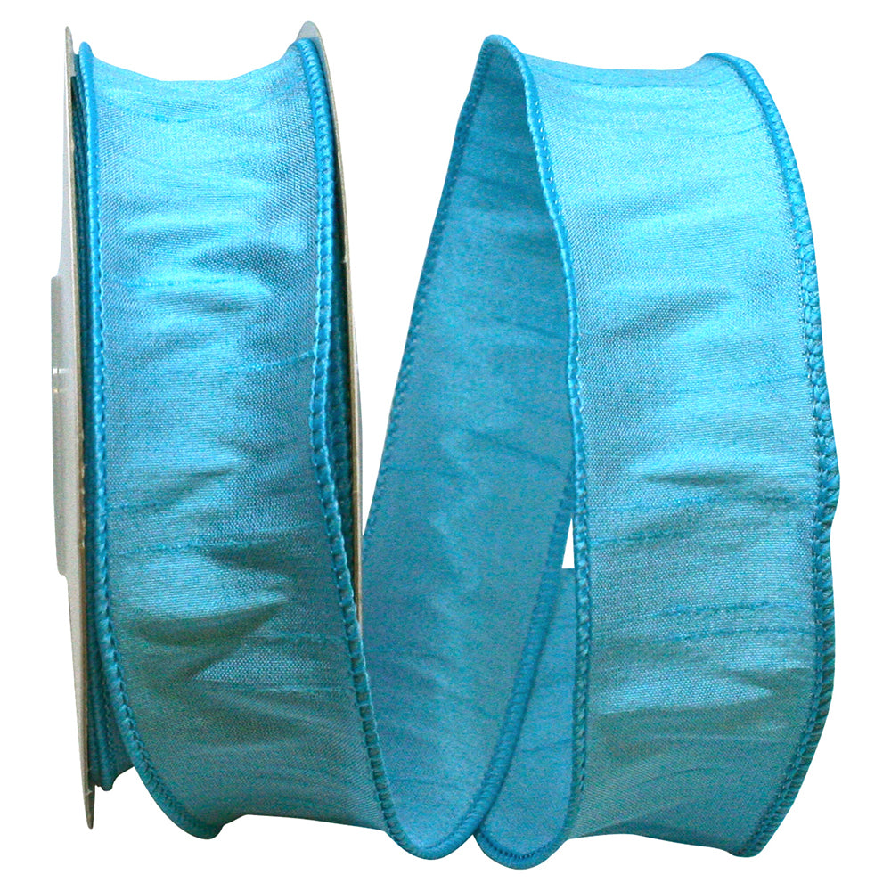 1.5-inch wide blue dupioni ribbon with a wired edge on a spool.
