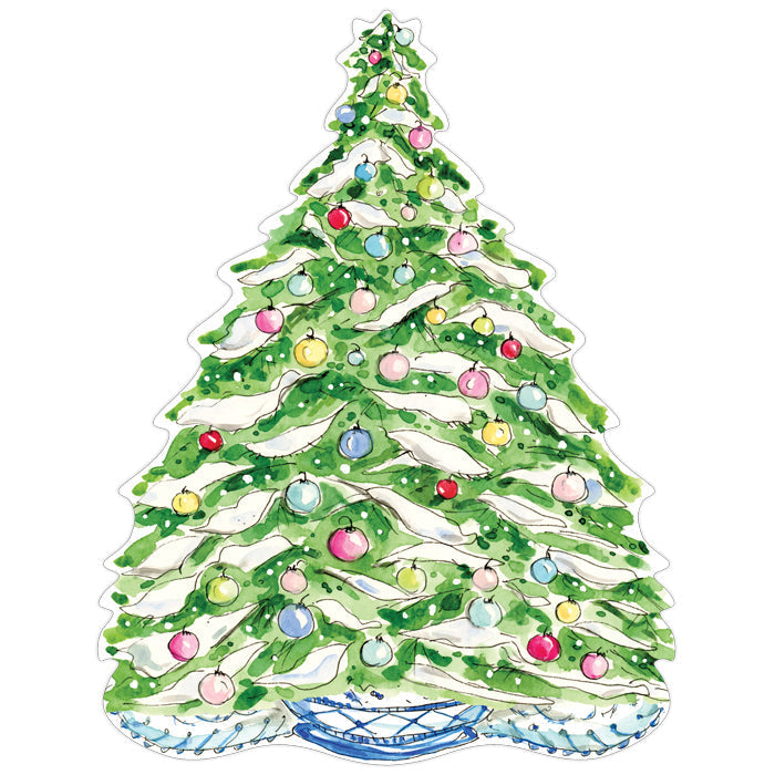 Die-cut paper placemat shaped like a decorated Christmas tree with colorful ornaments.