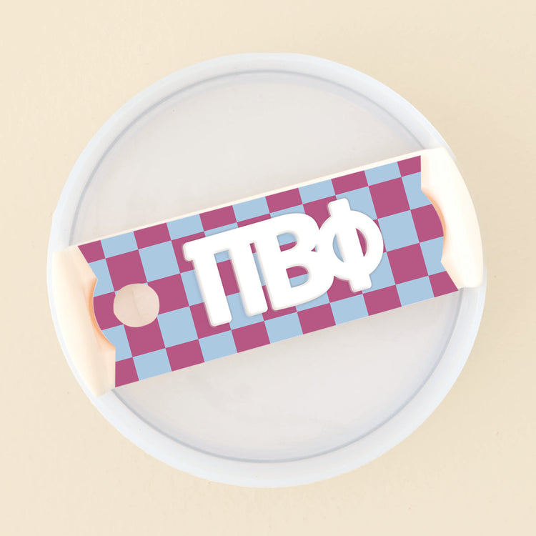 Sorority tumbler lid tag with a blue and maroon checkered pattern and white Pi Beta Phi letters.