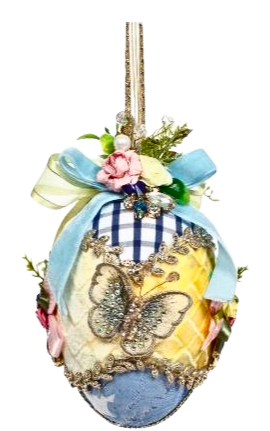 6-inch fabric Easter egg ornament with butterfly, jewels, blue gingham, and floral accents.