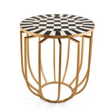 Hand-painted Courtly Basket accent table with iron frame and composite wood top.
