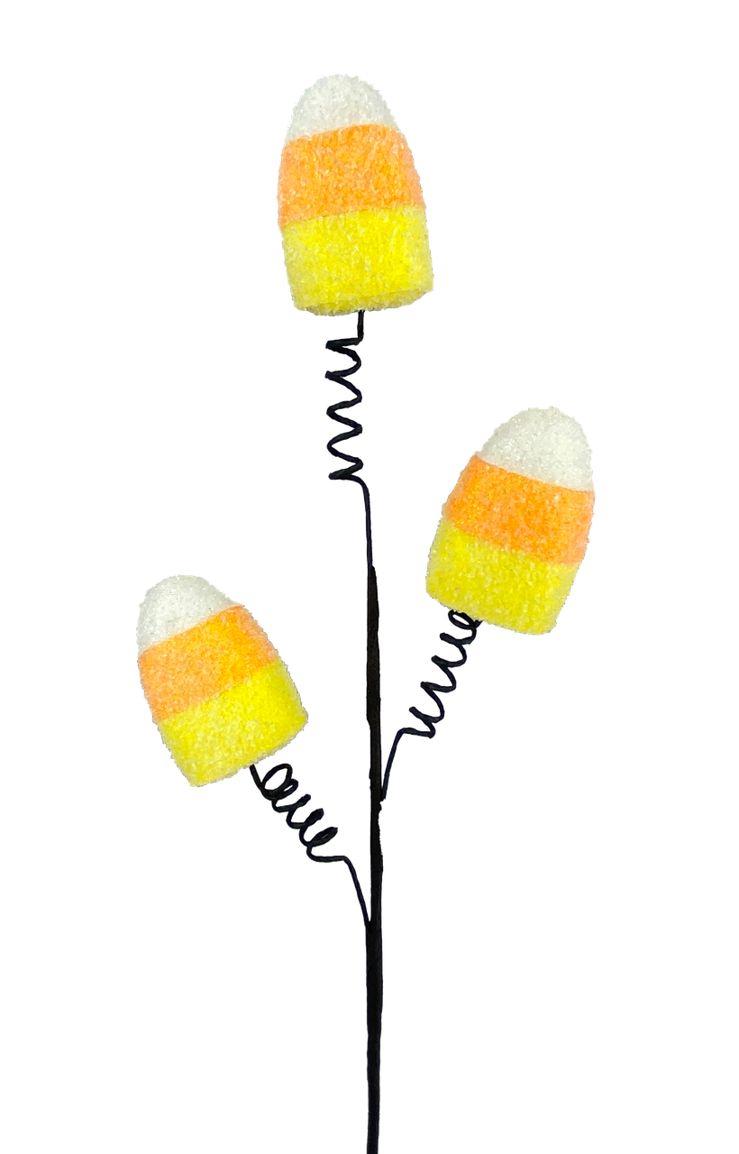 Candy corn shaped wooden pick with orange, yellow, and white striped pattern.