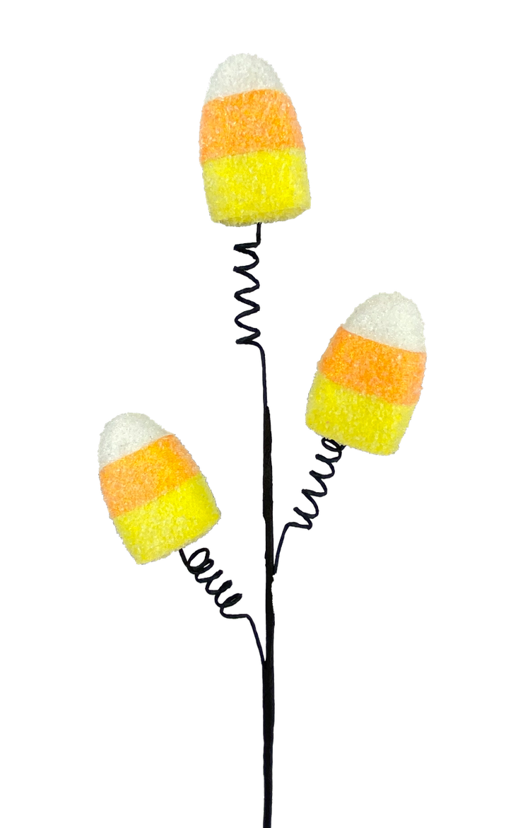 Candy corn shaped wooden pick with orange, yellow, and white striped pattern.