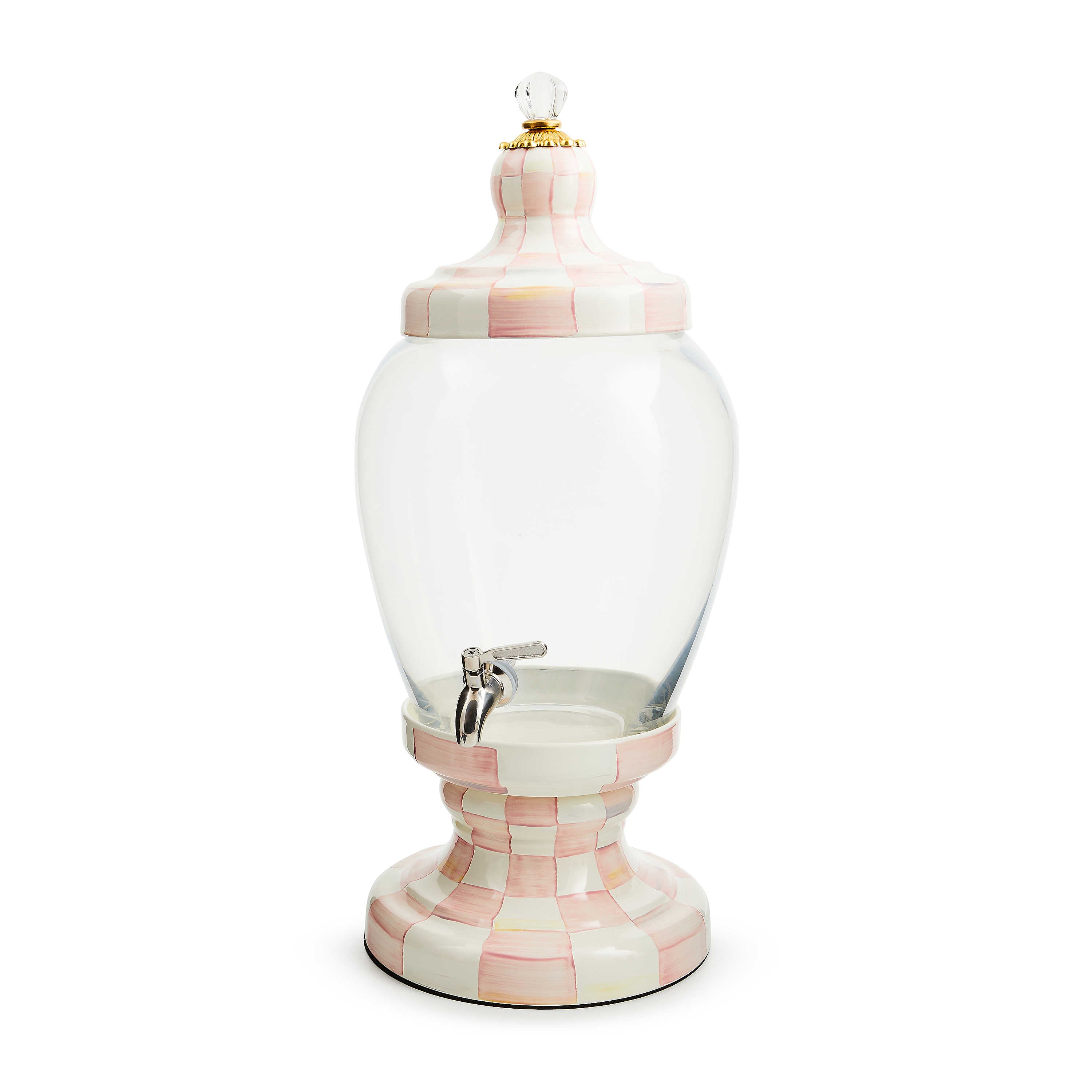 Rosy Check Beverage Hostess with pink and white hand-painted base and lid, and a glass cylinder.