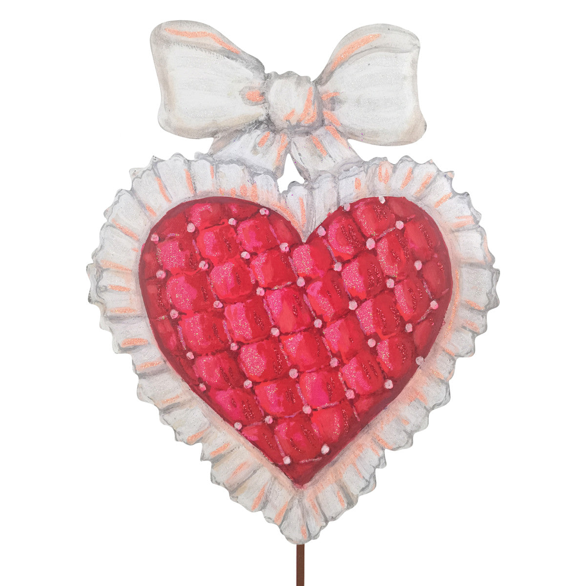 Puffy Heart & Bow stake in white with a large heart shape topped by a bow.