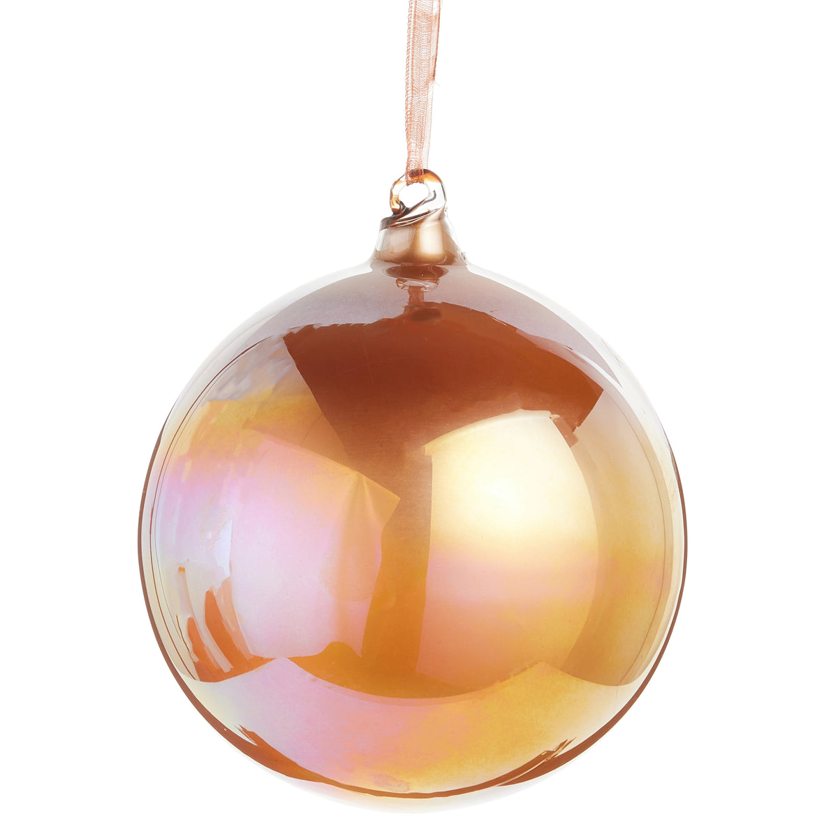 5-inch iridescent bronze glass ball Christmas ornament with a hanging ribbon.