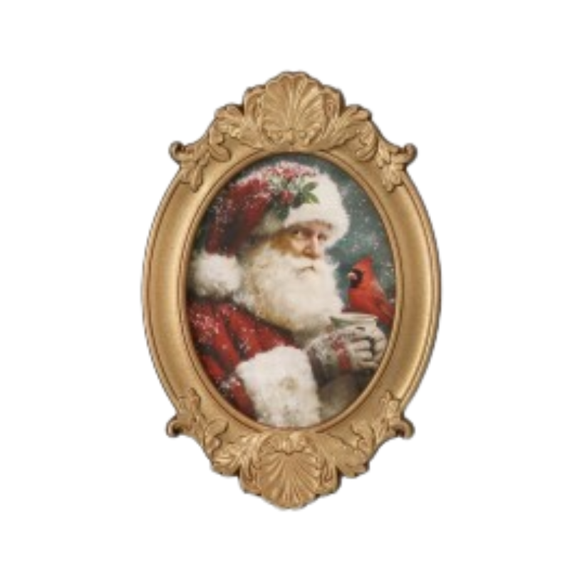 8x12 inch oval gilded frame featuring a classic Santa Claus holding a mug with a red cardinal.