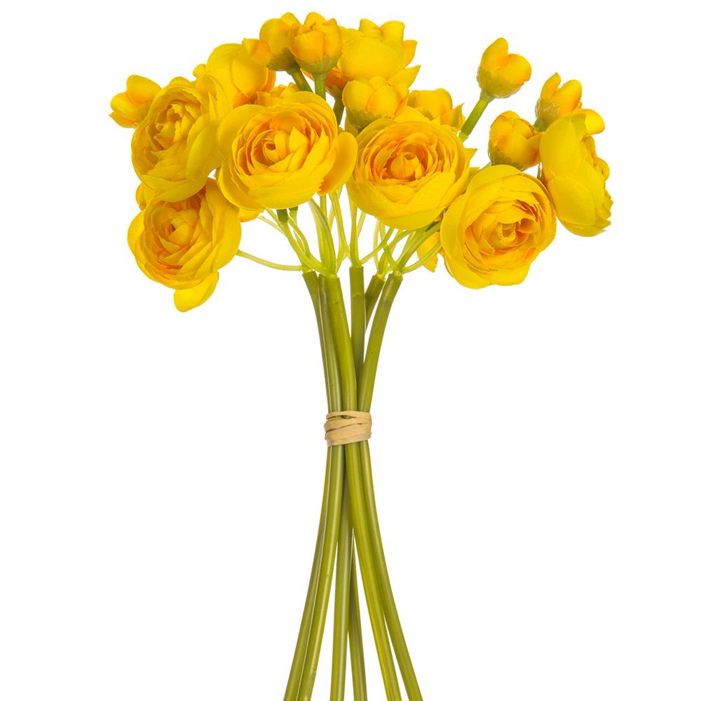 Bundle of ten-inch artificial ranunculus flowers in pink with plastic stems.