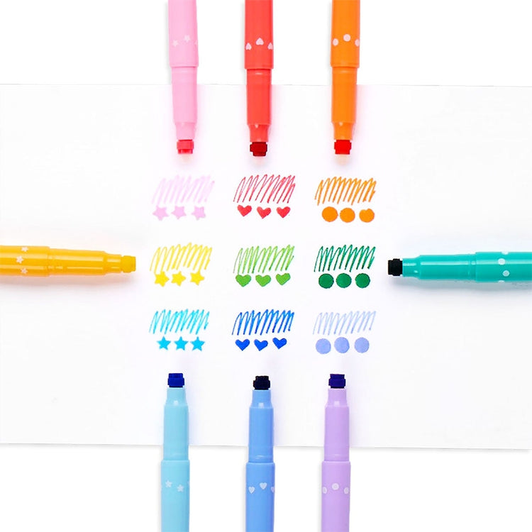 Set of 9 double-ended markers showing fine felt tips and heart, star, and dot stamp samples.