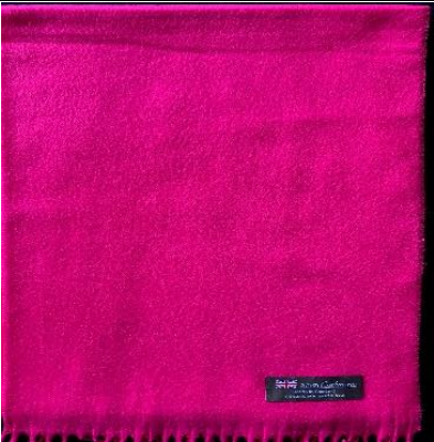 Fuchsia pink cashmere scarf with fringe detail and a small black tag with white text.