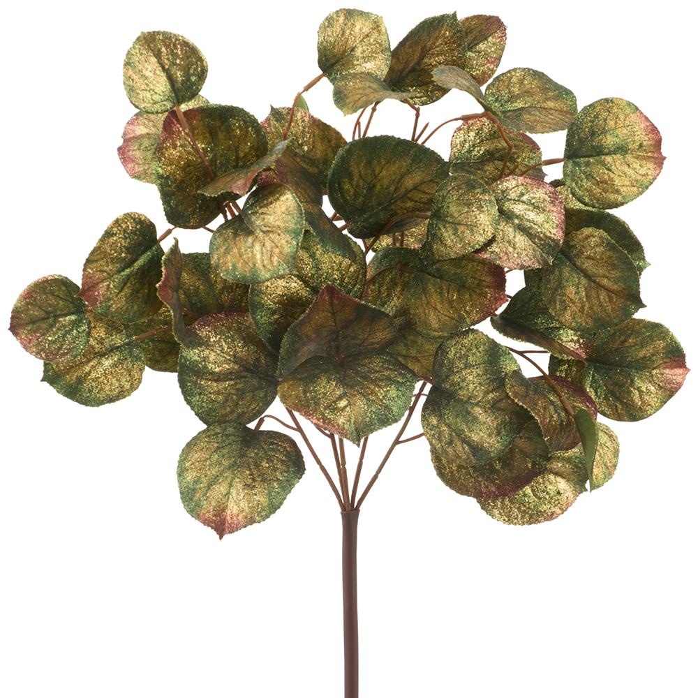 16-inch UV protected shimmer eucalyptus bush with green and gold glittered fabric leaves.