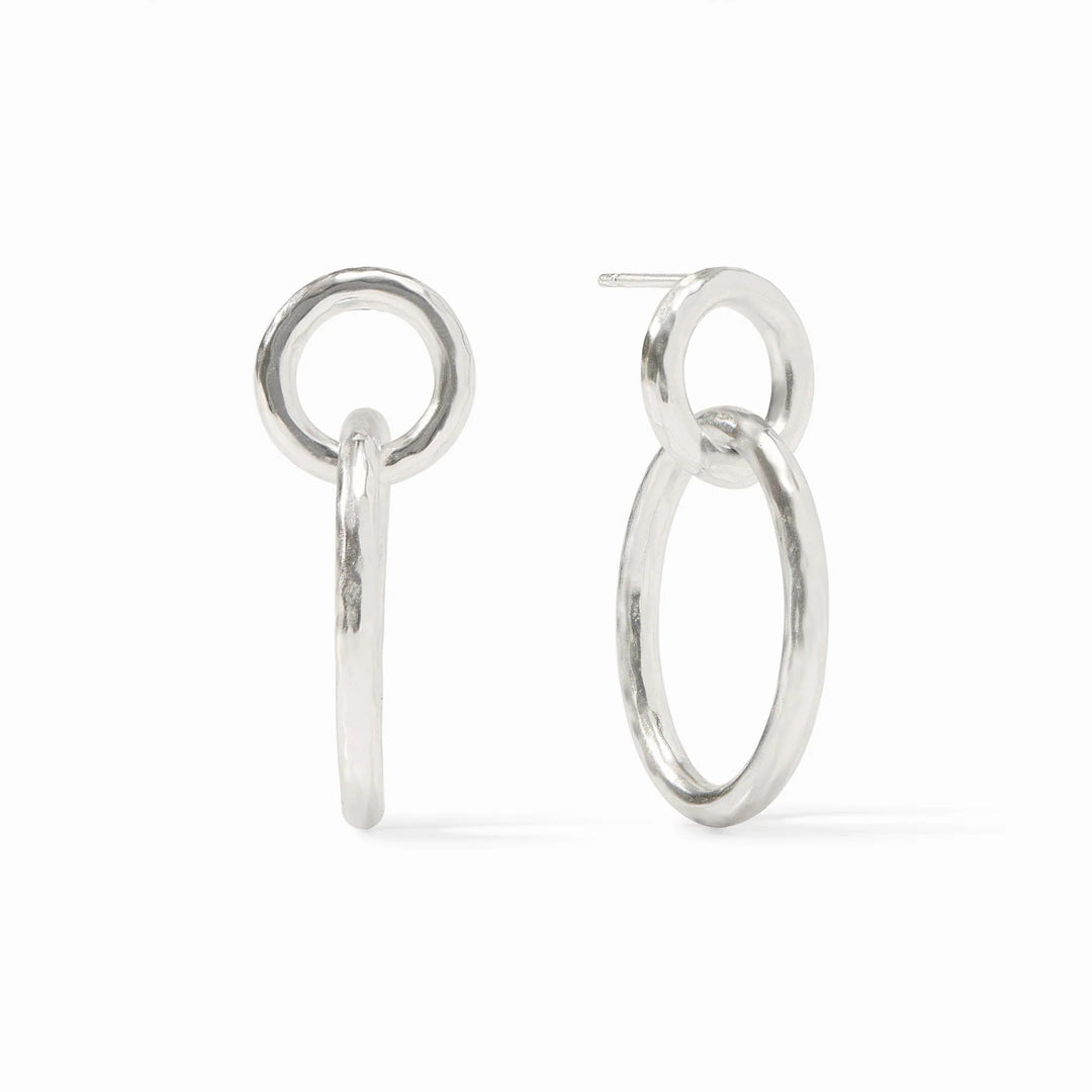Catalina Link Earring Silver featuring two interlocking hammered silver circles on a white background