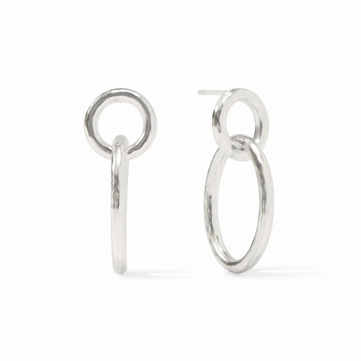 Catalina Link Earring Silver featuring two interlocking hammered silver circles on a white background