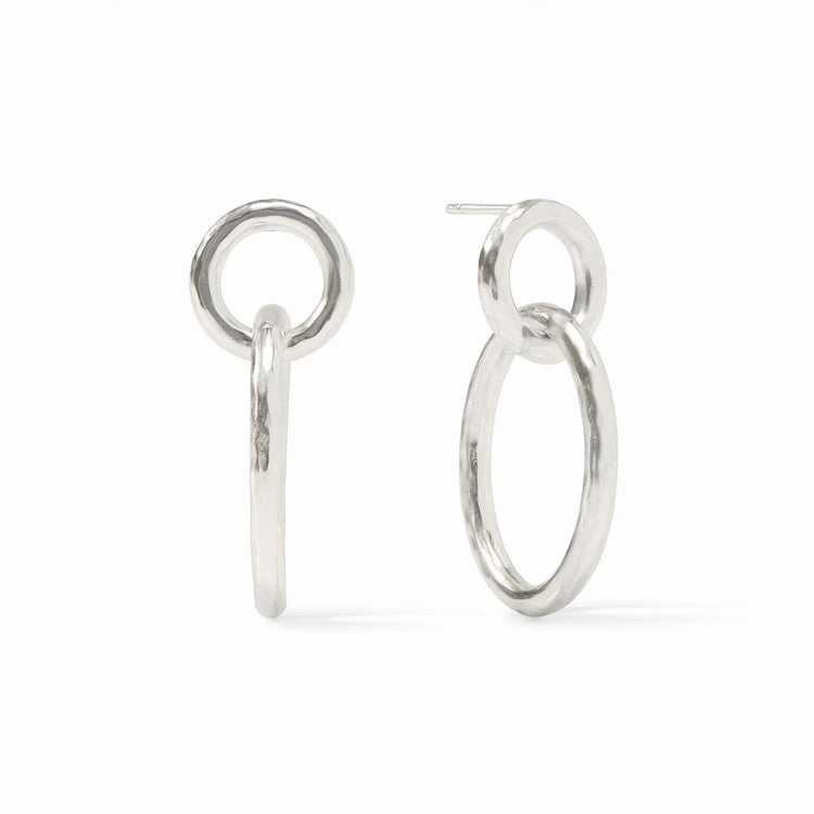 Catalina Link Earring Silver featuring two interlocking hammered silver circles on a white background
