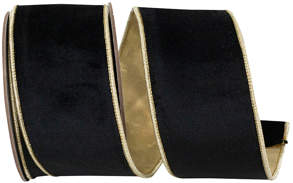 2.5 inch black velvet ribbon with gold metallic dupioni backing and wired edges.