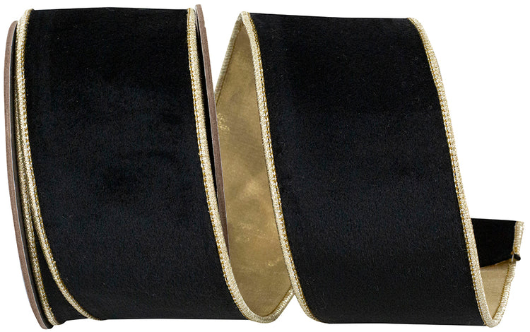 2.5 inch black velvet ribbon with gold metallic dupioni backing and wired edges.