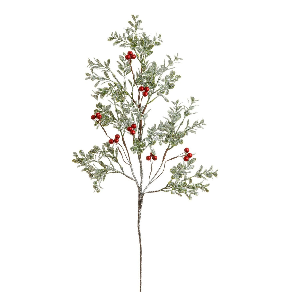 28-inch Shimmer Boxwood Branch with green frosted foliage and clusters of vibrant red berries.
