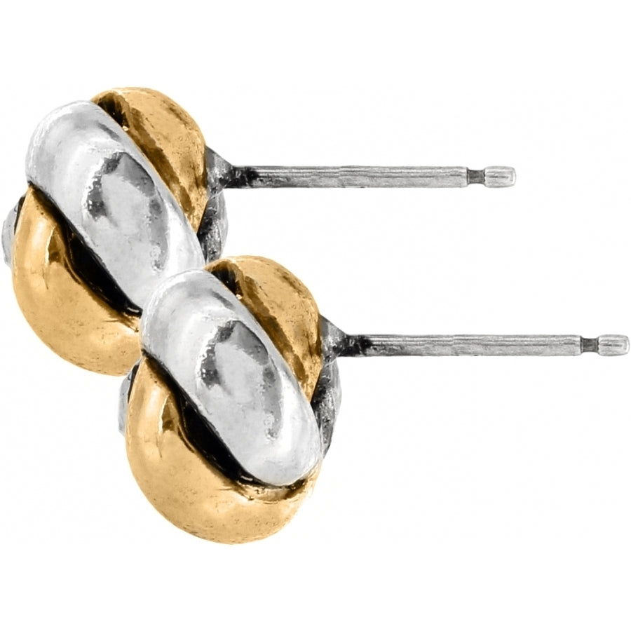 Silver and gold twisted post earrings featuring a pinwheel crystal center