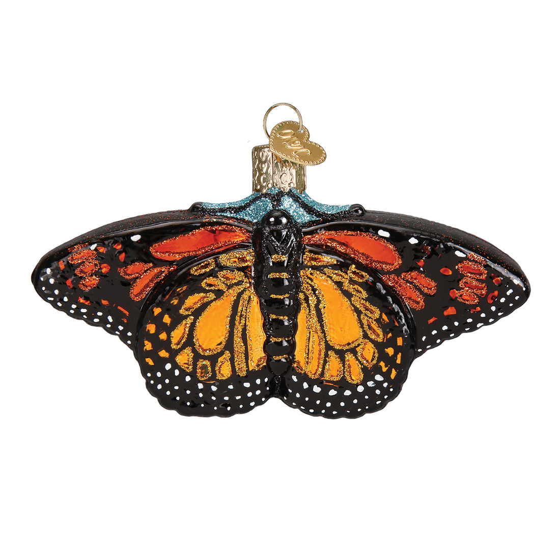 Glass Monarch butterfly Christmas ornament with orange and black wings and glitter accents.