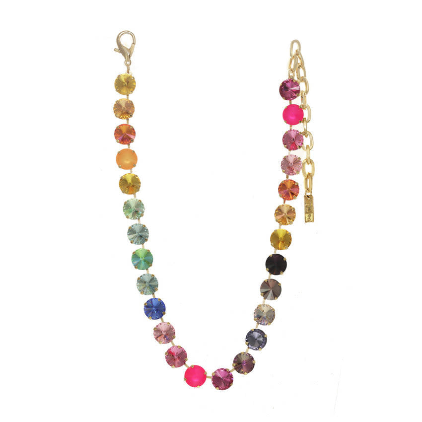 Antique gold plated brass necklace with watermelon colored crystals