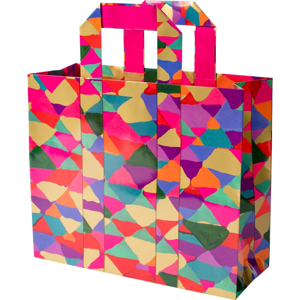 Large horizontal gift bag with cheerful colorful prints on durable paper featuring strong handles.