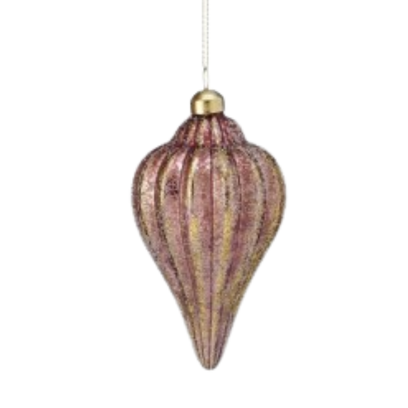 5-inch glass southern finial ornament in a textured pink and gold finish with a gold cap.