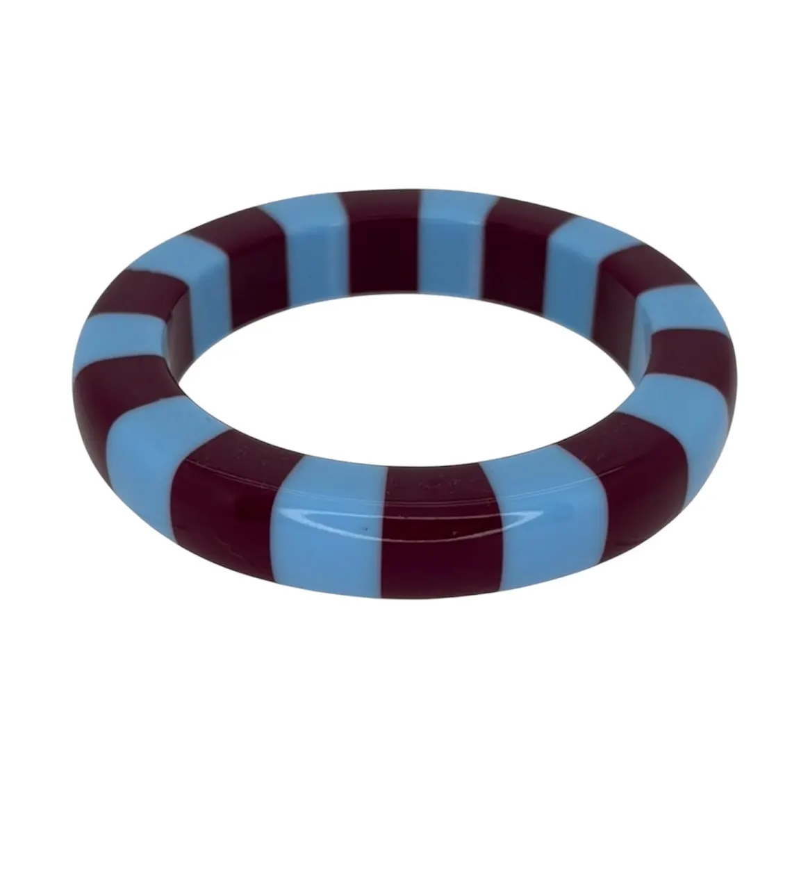 Cabana Cuff Bangle featuring a bold striped pattern in light blue and deep burgundy.