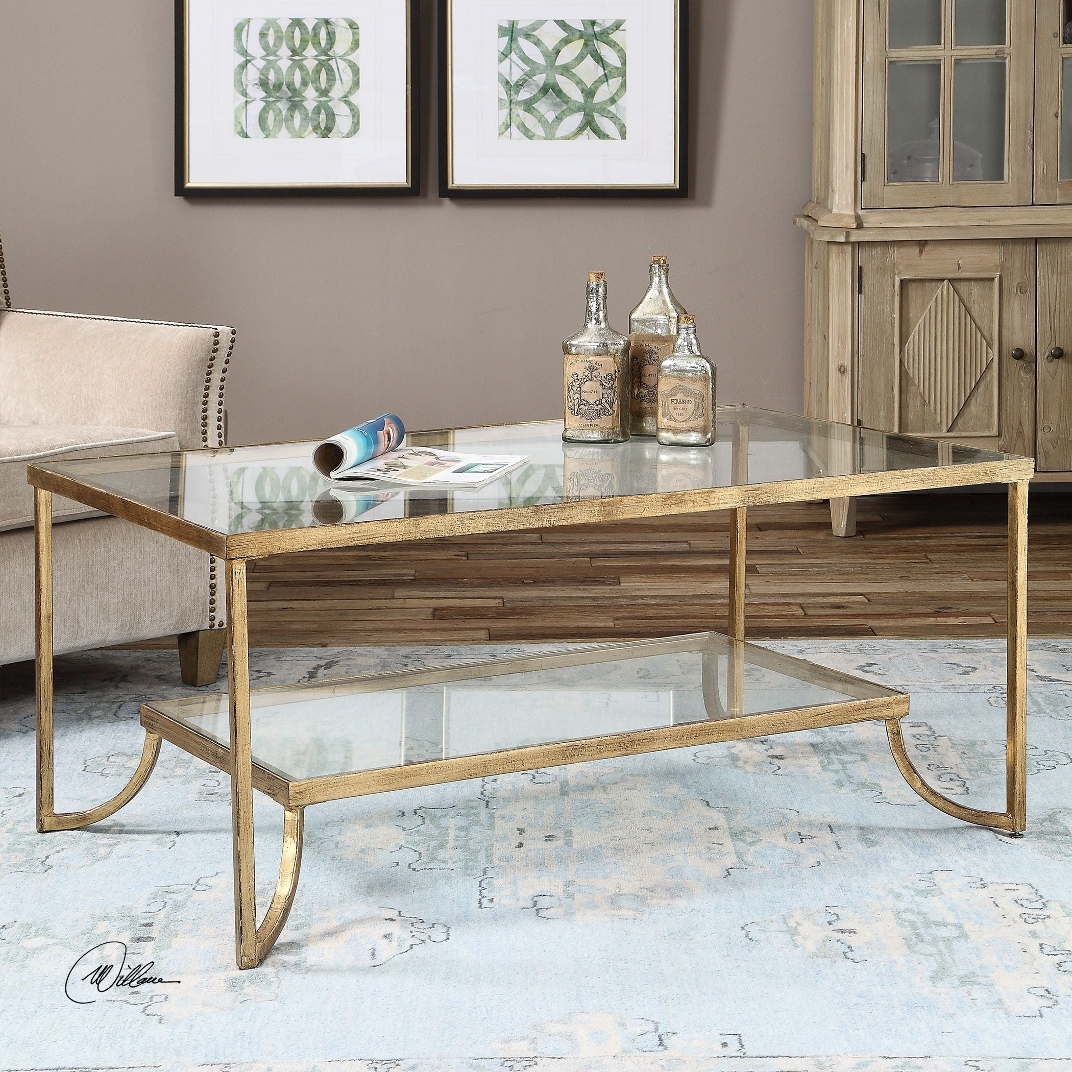 Gold leaf coffee table with rectangular top and tapered legs