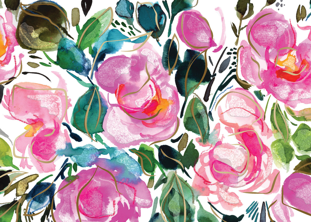 Watercolor pink floral pattern greeting card with gold foil accents and green leaves.