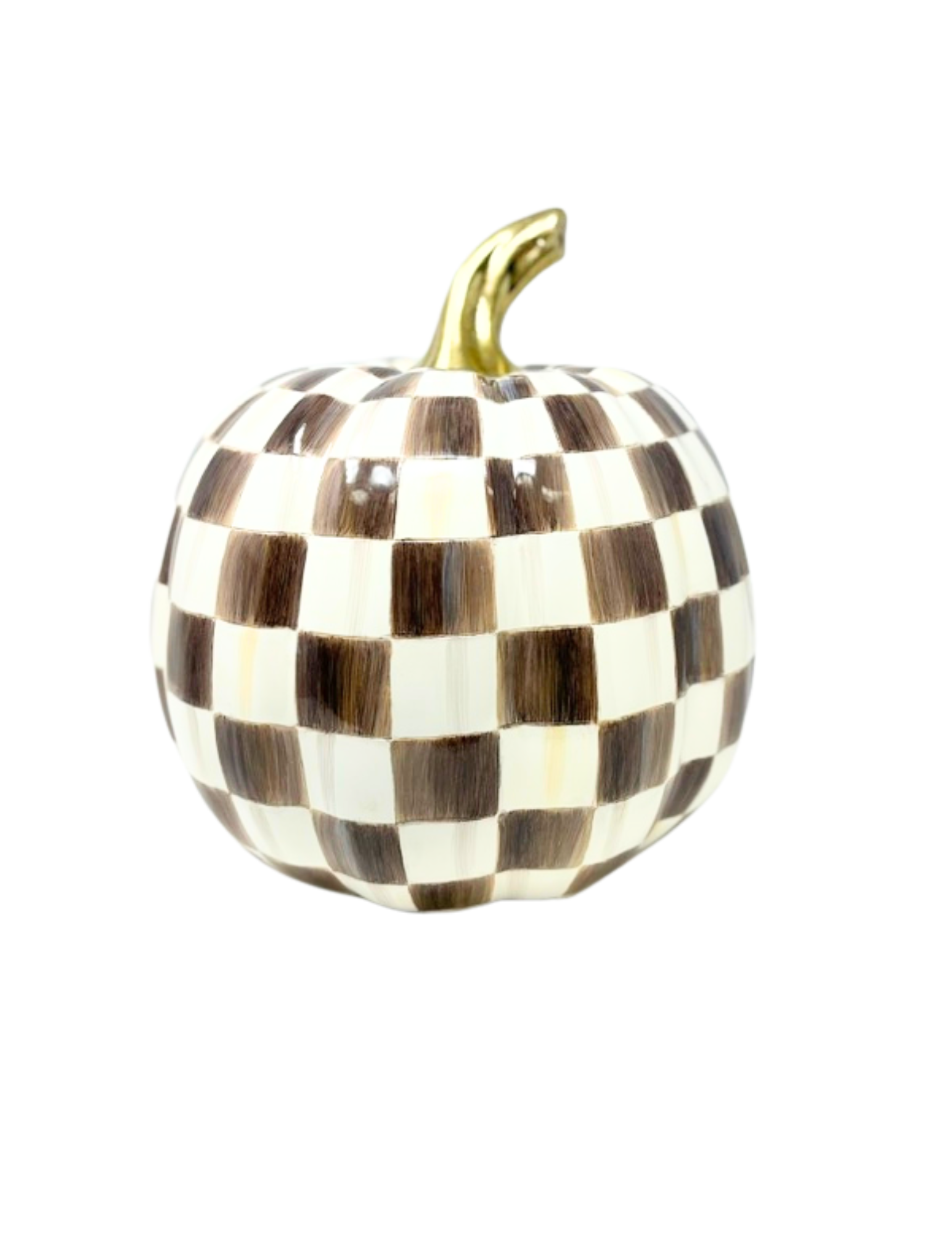 Medium resin pumpkin with a chocolate brown and white checkered pattern and a gold stem.