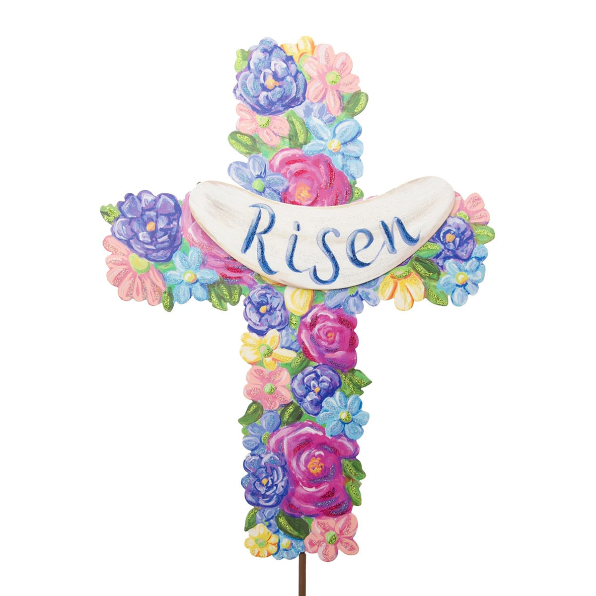 Risen Floral Cross stake with white finish featuring a floral vine pattern around the cross silhouette.