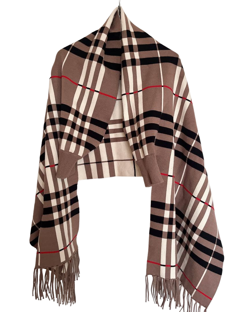 Brown and cream plaid wrap poncho with sleeves and fringe trim.
