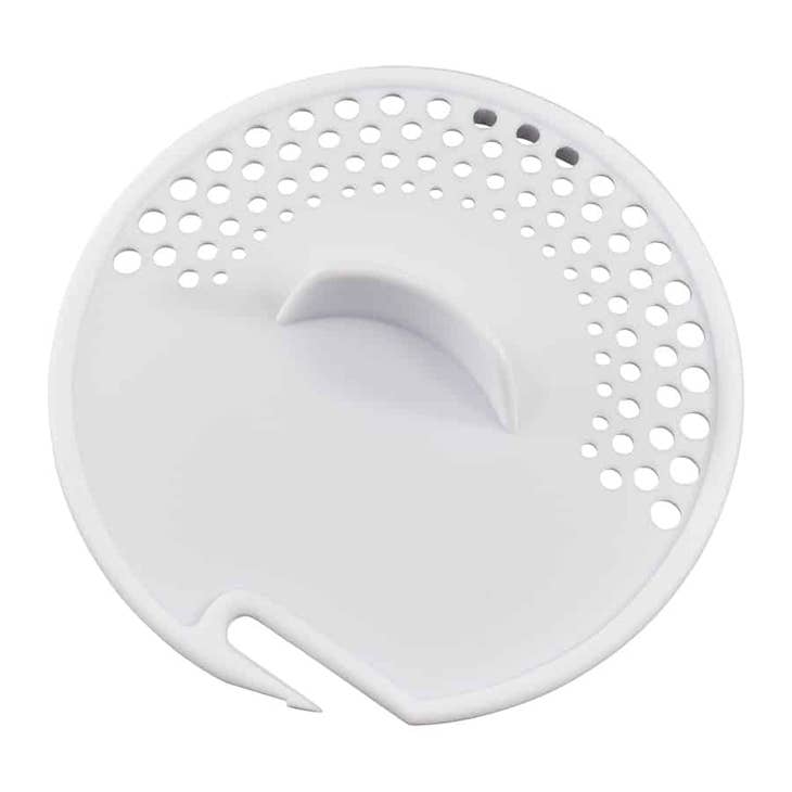 White plastic circular can strainer with drainage holes and a center handle.