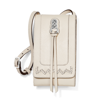 Leather phone organizer with Celtic-inspired hardware, woven accents, ID window, card slots, and adjustable snap strap closure.