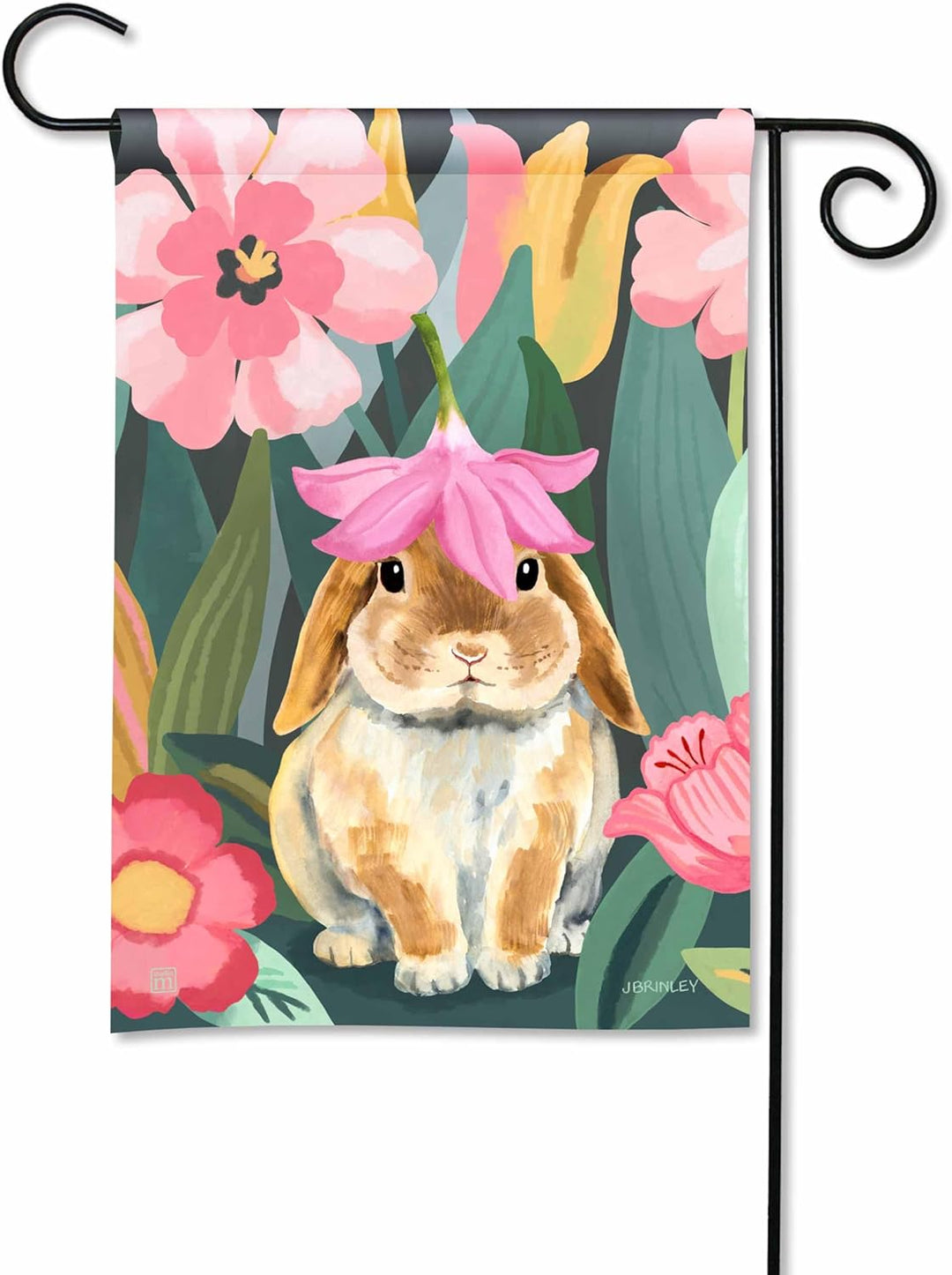 Garden flag featuring a cute bunny wearing a pink flower as a hat, surrounded by colorful flowers and foliage.