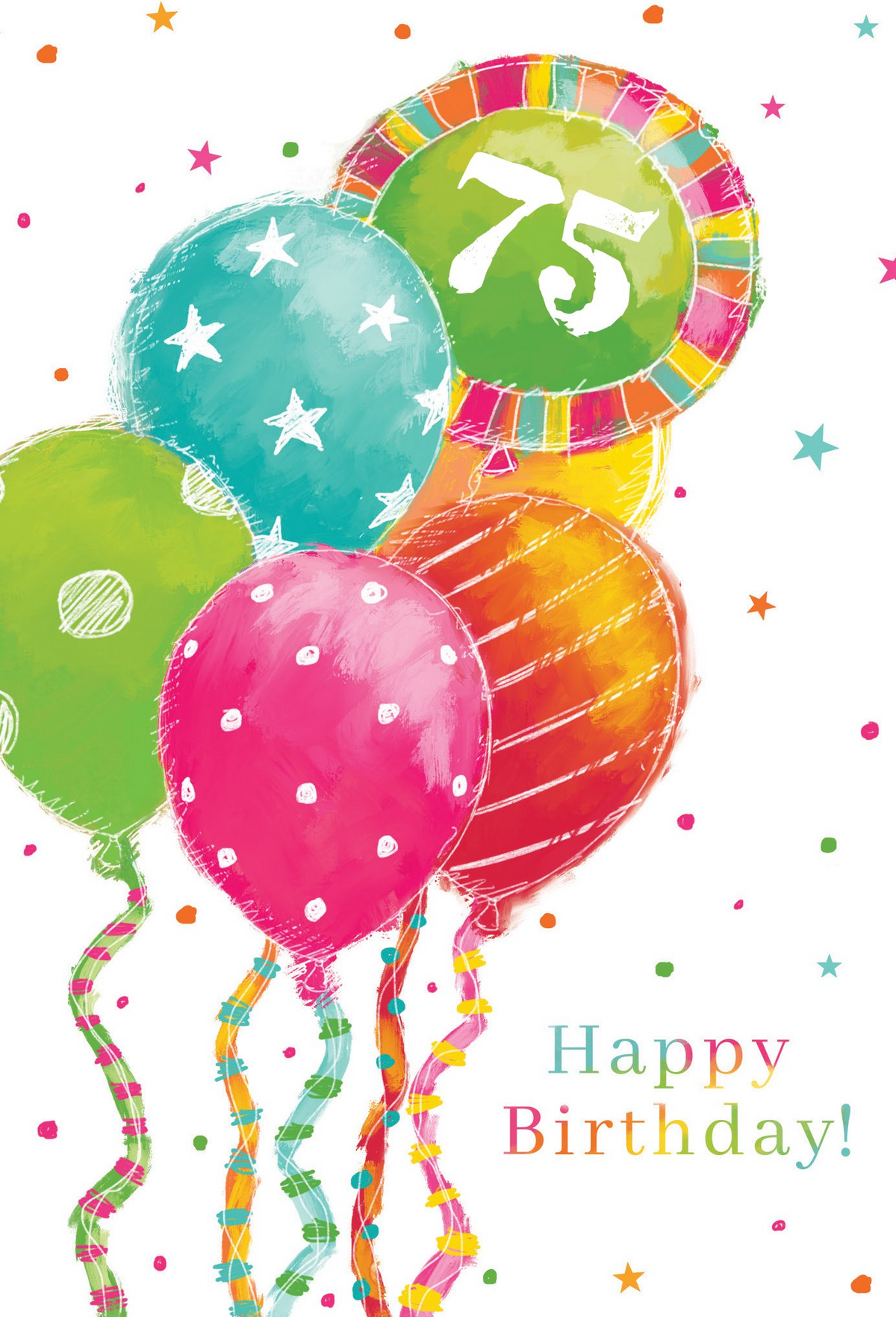 Happy Birthday card with '75' in gold foil on white background; inside reads wishes for another wonderful year.