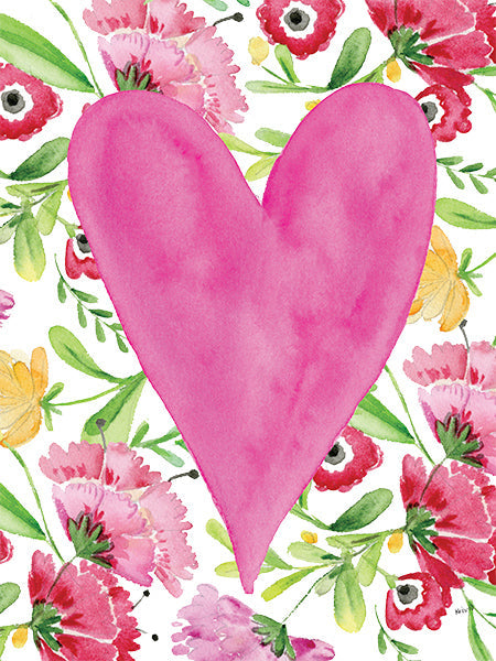 Watercolor greeting card featuring a large pink heart centered over a floral background.