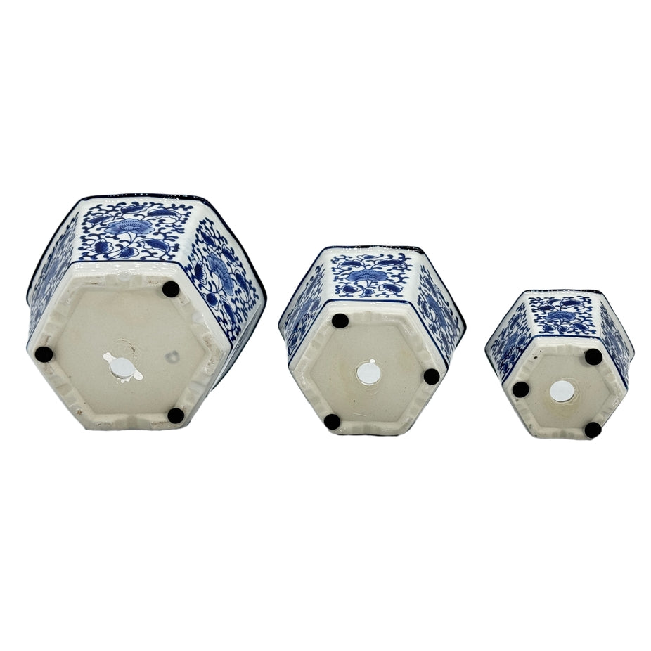 Blue & White Hexagon Floral Ceramic Ruffled Lip - Sold Individually