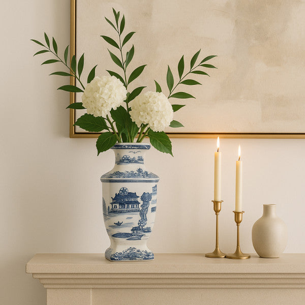 15 inch blue and white ceramic chinoiserie temple vase with floral arrangement on a mantel.