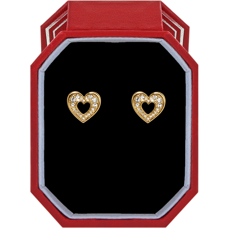 Gold plated heart-shaped post earrings with crystal accents in a red Brighton gift box.