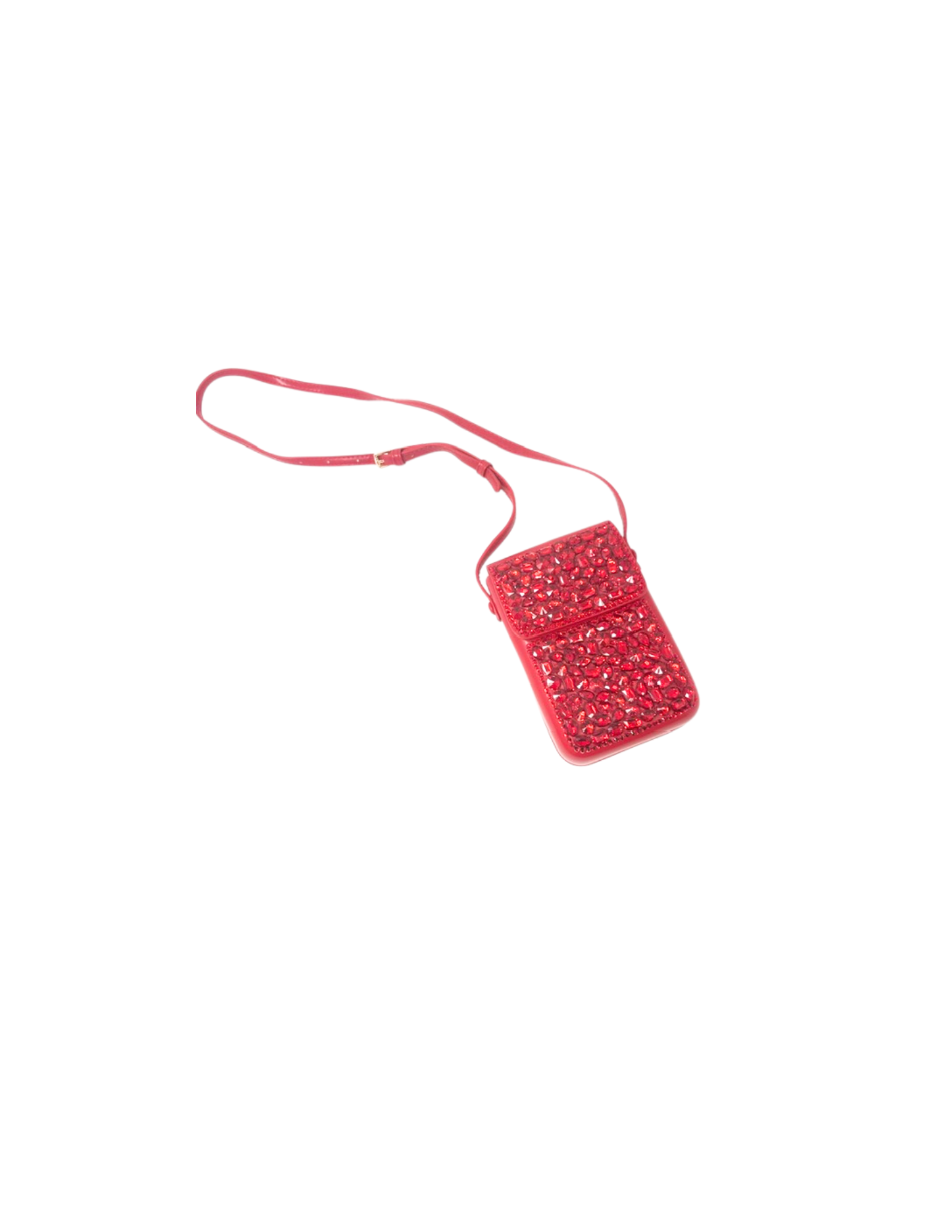 Red crossbody bag with rhinestone embellishments and a matching strap.