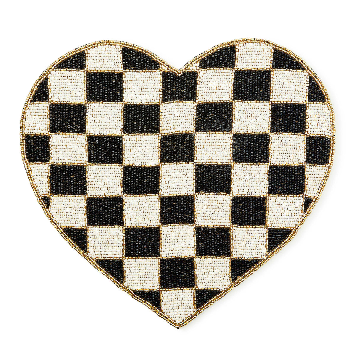Heart-shaped placemat with a black and white checkered beaded pattern and gold beaded trim.