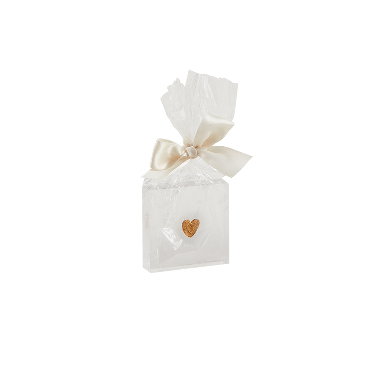 3-inch square heart-shaped mini acrylic sitter with hand-painted plaster icon wrapped in cello bag and ribbon.