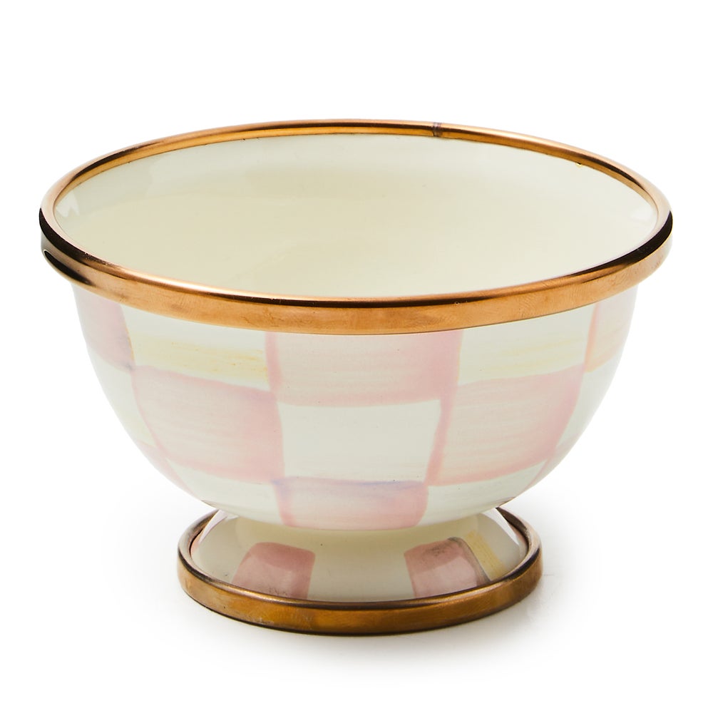 Rosy Check Little Sugar Bowl with hand-painted pink checks and bronzed stainless steel rims.