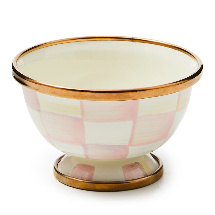 Rosy Check Little Sugar Bowl with hand-painted pink checks and bronzed stainless steel rims.