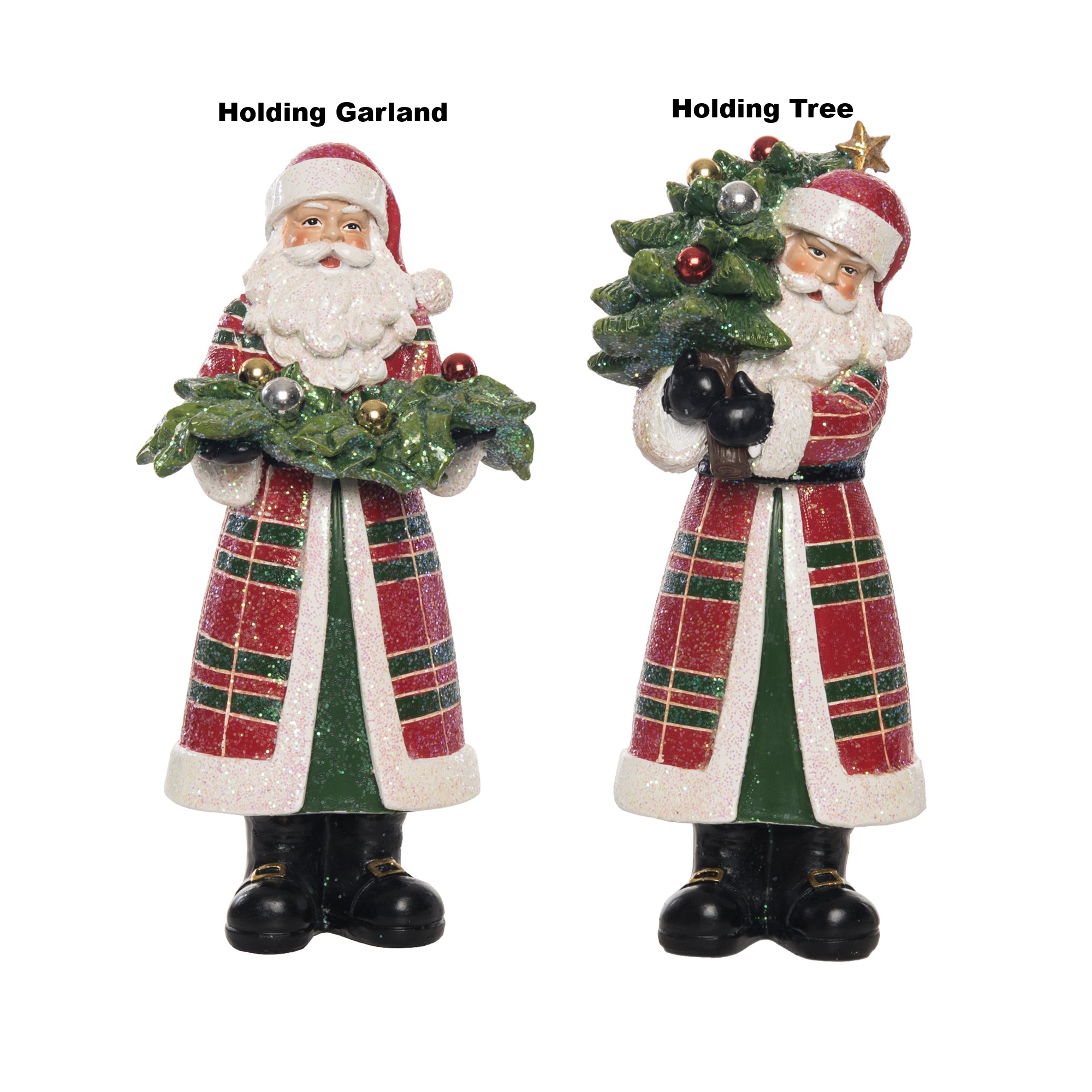 Two resin Santa figurines in red plaid coats, one holding a garland and one holding a tree.