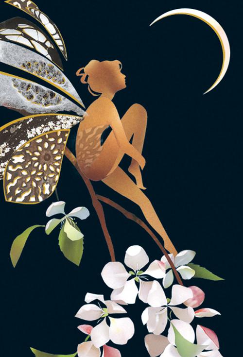 A golden fairy with butterfly wings sits on a branch with white flowers, looking at a crescent moon.