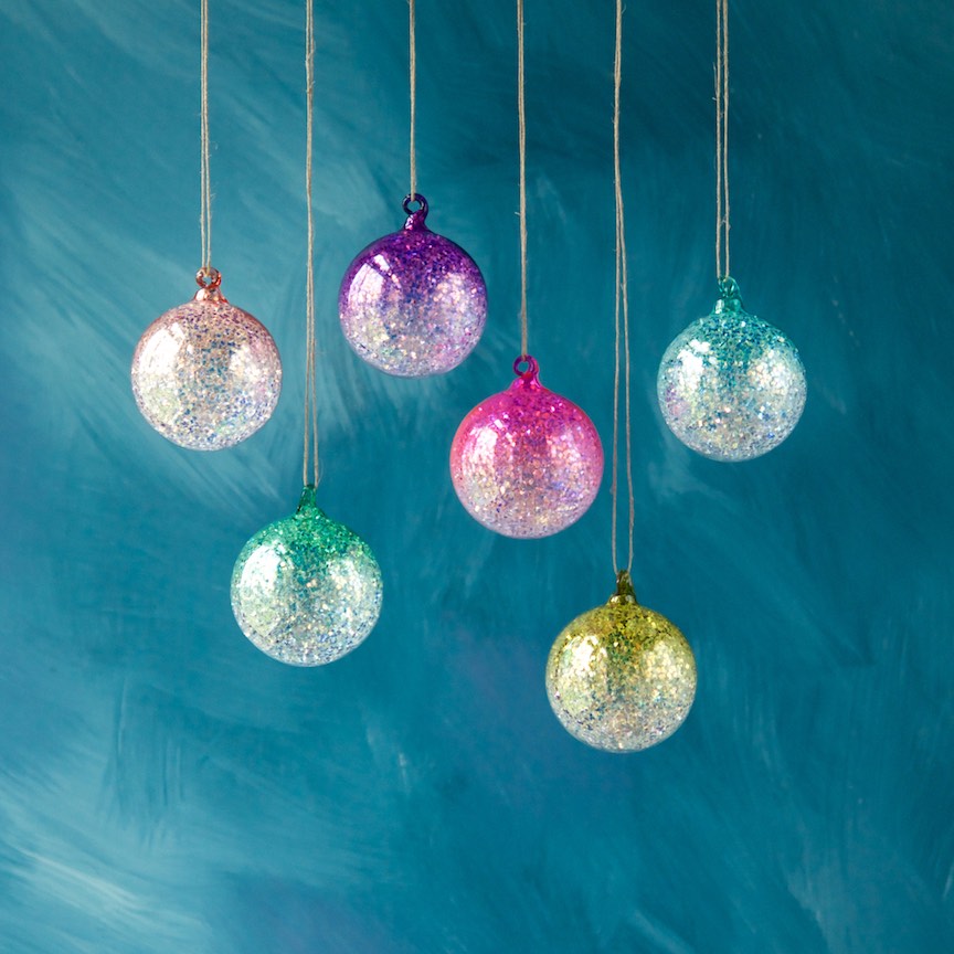 Hand-blown glass ombre ball ornament with iridescent glitter finish