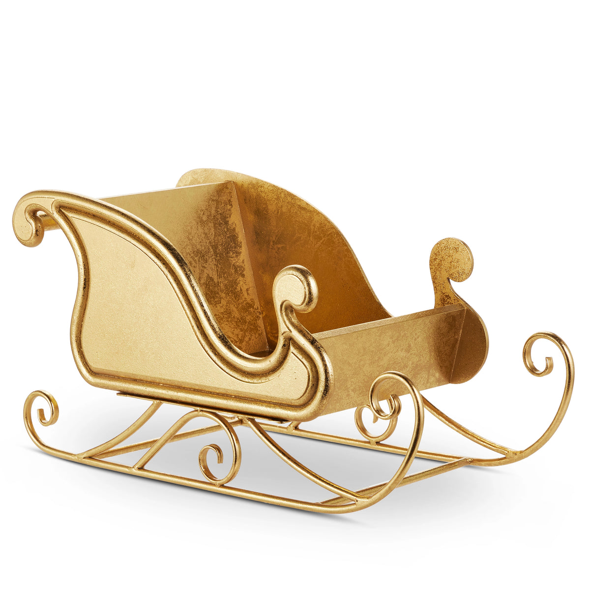 18-inch gold decorative sleigh with ornate scrollwork runners and a textured metallic finish.