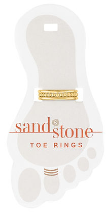 Gold-tone Sand & Stone toe ring with a beaded center band on a foot-shaped display card.